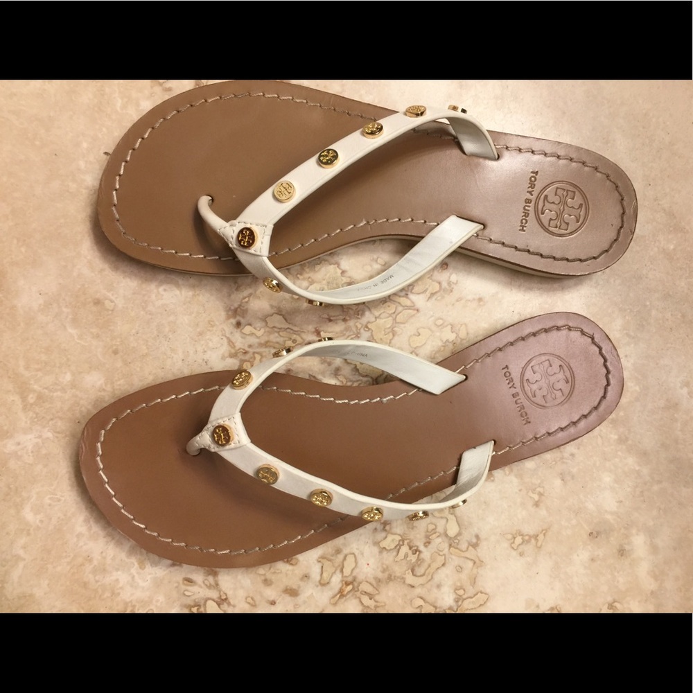 Tory Burch White Leather Logo-Stud Flip Flop Sandals